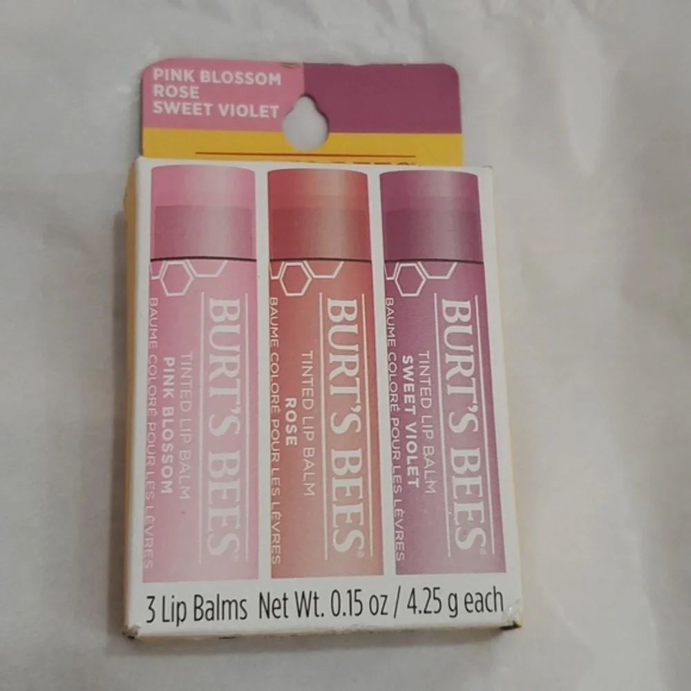 Burt's Bee 3pack pink blossom rose & sweet violet Tinted lip balm pack new FREE